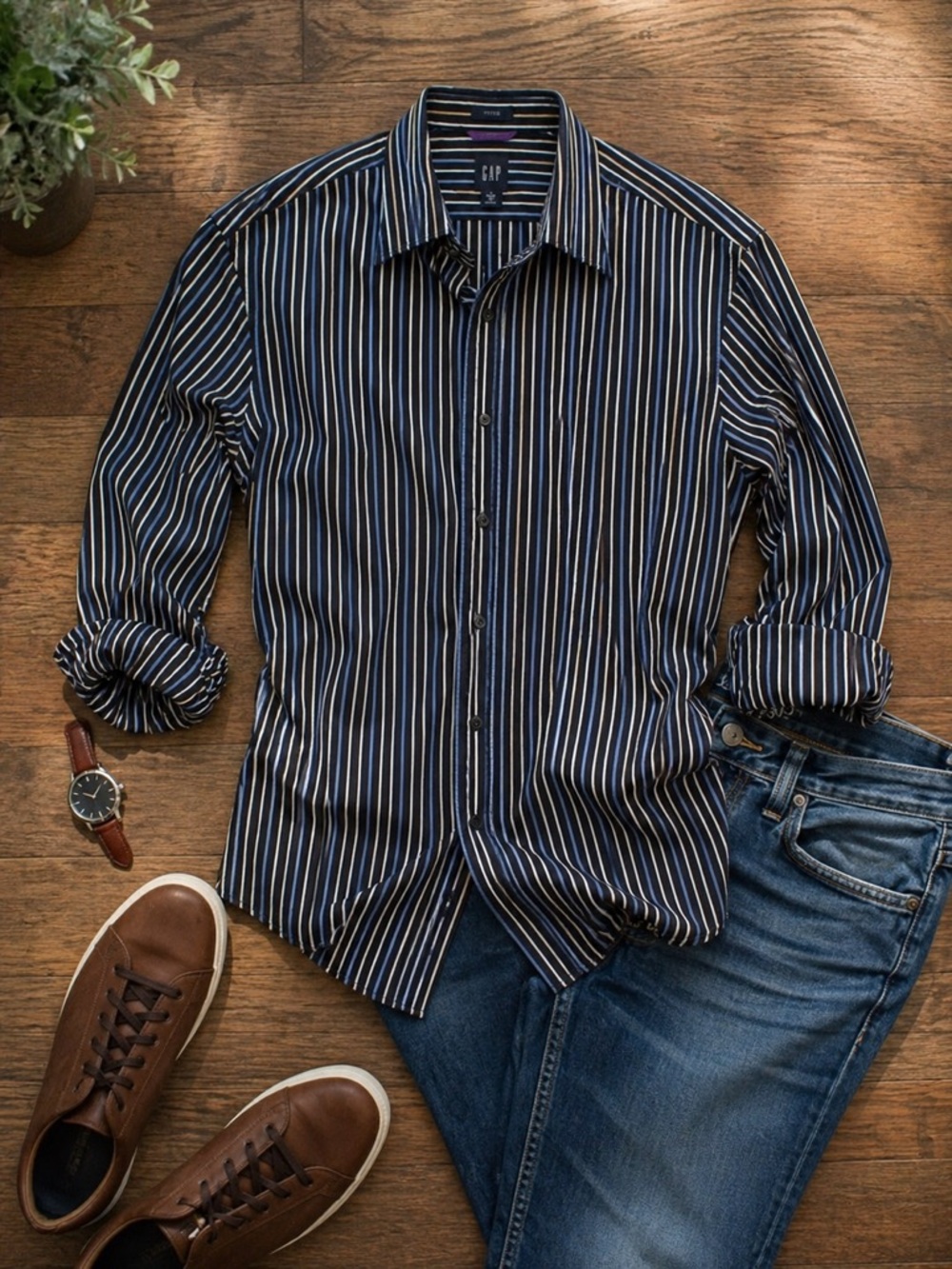 GAP Men’s Navy Striped Button Down Shirt | Long Sleeve Classic Fit